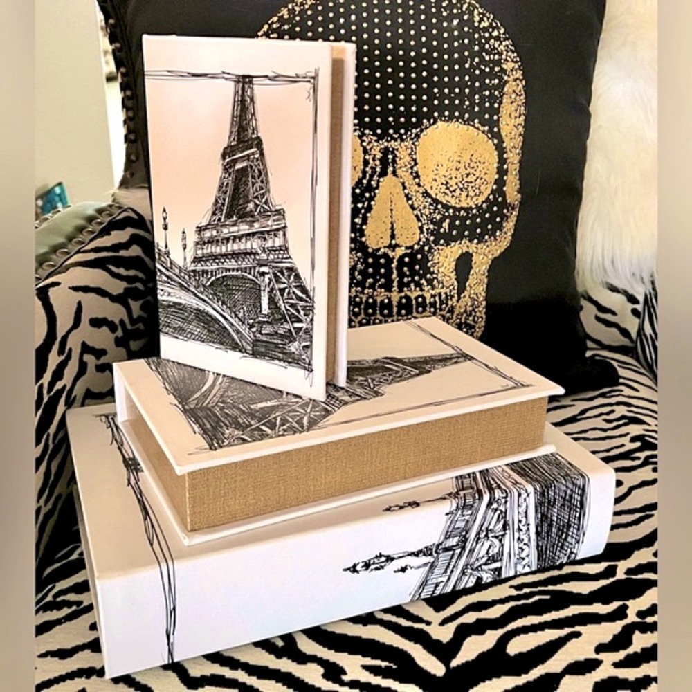 3 Nesting Paris Effiel Tower Distressed Storage CORK Books Monochrome GOLD EUC